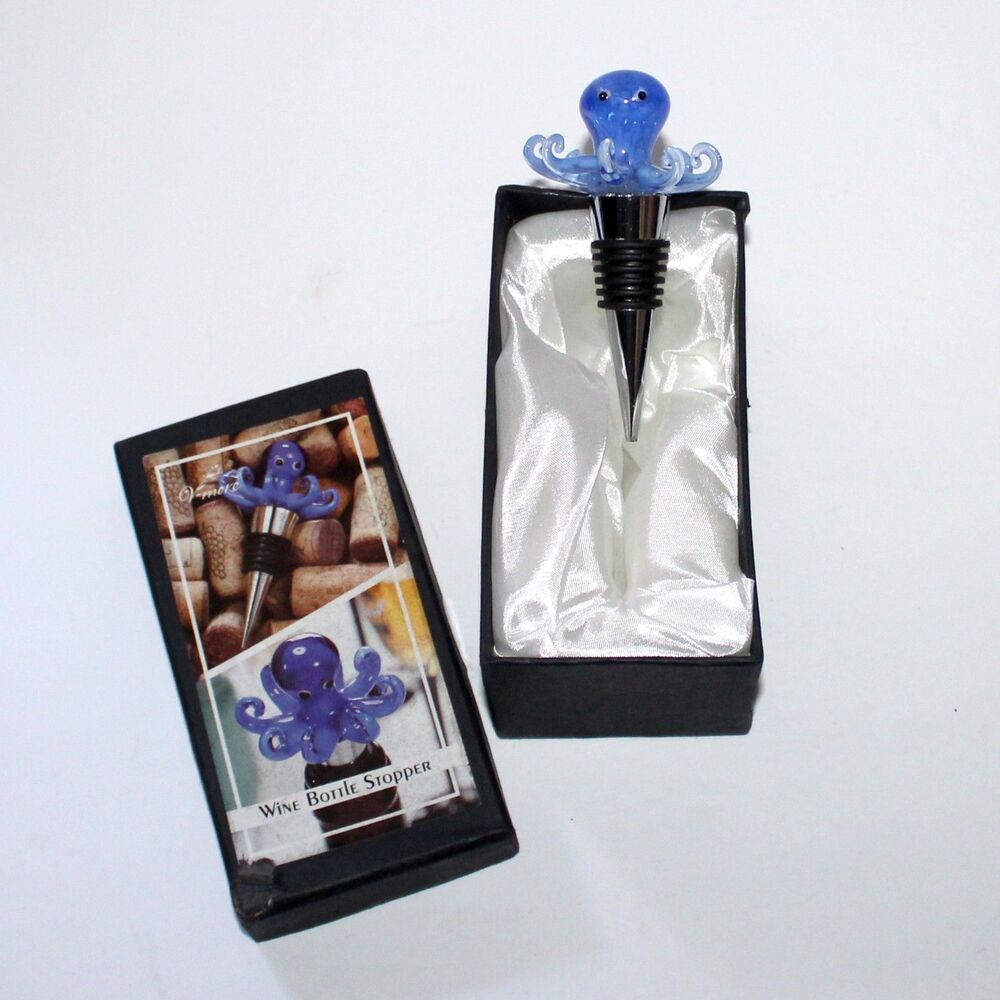 Octopus wine Bottle Stopper Blue White Glass top 4" in box art